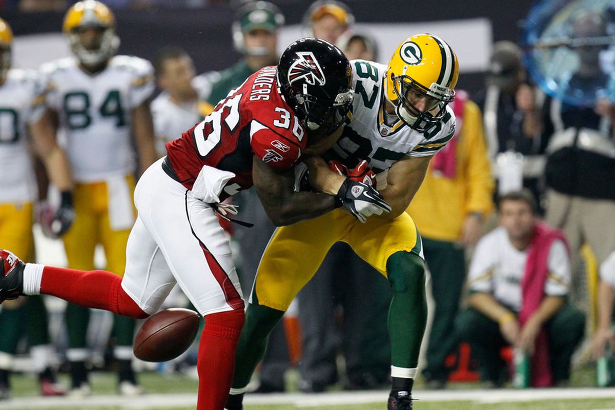 ATLANTA, GA - OCTOBER 09:  Jordy Nelson #87 of the Green Bay Packers is tackled by James Sanders #36 of the Atlanta Falcons at Georgia Dome on October 9, 2011 in Atlanta, Georgia.  (Photo by Kevin C. Cox/Getty Images)