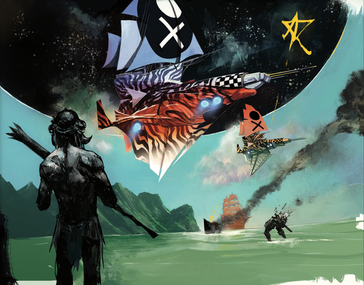Alien natives and robot colonizers stand on the shore of a strange planet, as the sky opens to black void and zebra/checkerboard spaceships drop out of the hole, in Decorum #1, Image Comics (2020). 