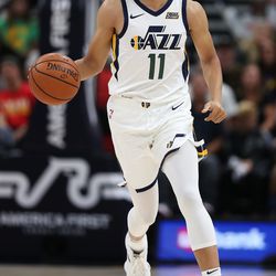 Utah Jazz guard Dante Exum brings the ball up court as the Utah Jazz and the Perth Wildcats play in an exhibition basketball game at Vivint Arena in Salt Lake City on Saturday, Sept. 29, 2018.