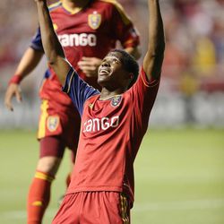 Real Salt Lake striker Olmes Garcia celebrates his second goal against the Los Angeles Galaxy during an MLS game in Sandy Saturday, June 8, 2013. RSL beat L.A. 3-1.