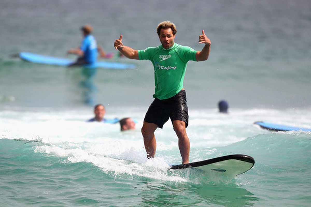 SYDNEY AUSTRALIA - FEBRUARY 25:  UFC fighter Josh Koscheck of the USA learns how to surf at Bondi Beach on February 25 2011 in Sydney Australia. UFC 127 is taking place in Sydney on February 27 2011.  (Photo by Ryan Pierse/Getty Images)