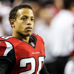 August 16, 2012; Atlanta, GA, USA; Atlanta Falcons defensive back Brent Grimes (20) on the sidelines during the game against the Cincinnati Bengals at the Georgia Dome. The Bengals beat the Falcons 24-19.
