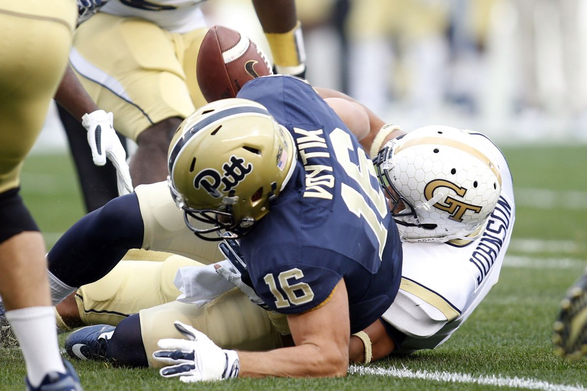 Isaiah Johnson of Georgia Tech forcing a Chad Voytik fumble