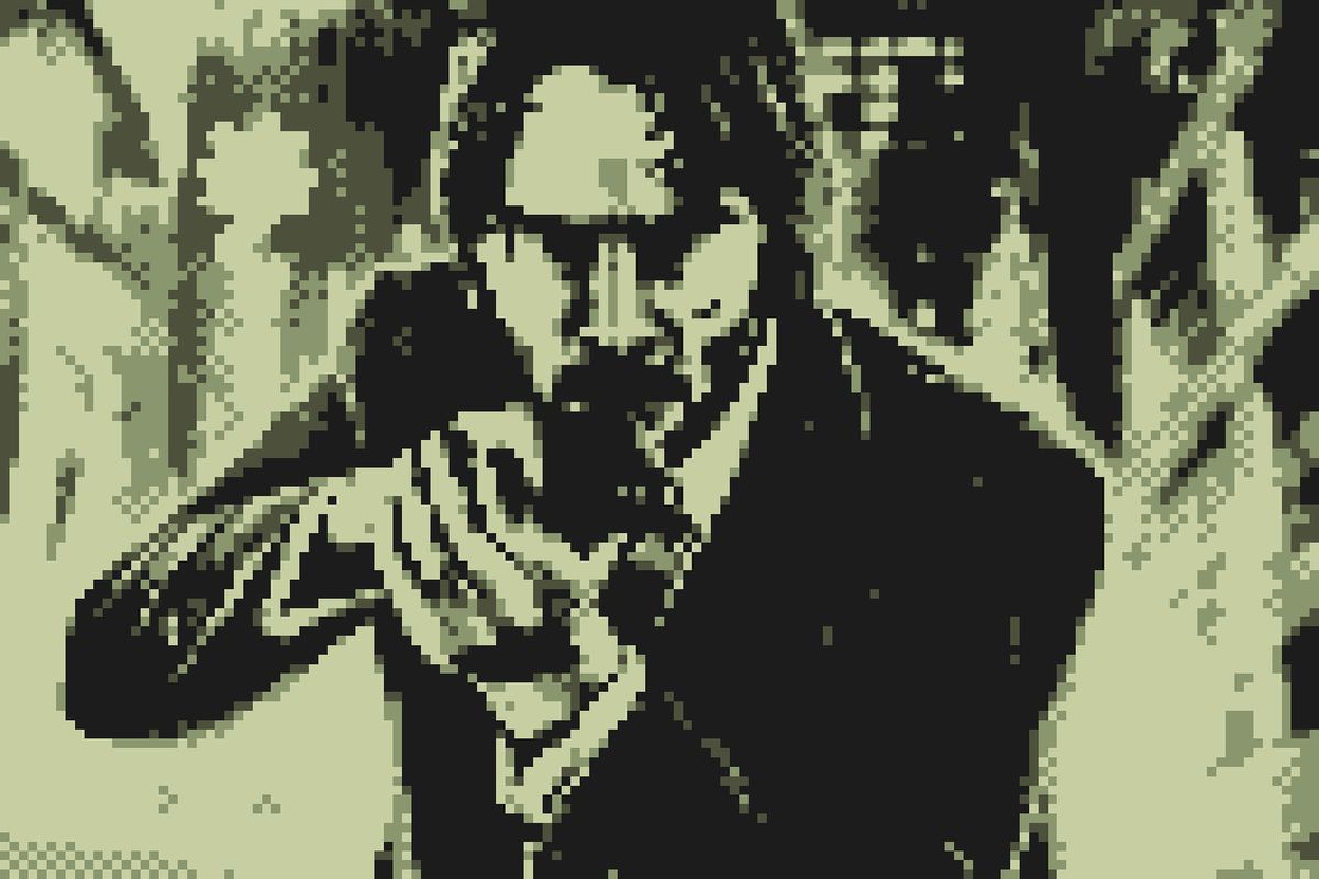 A pixelated version of John Wick holding a pistol with both hands