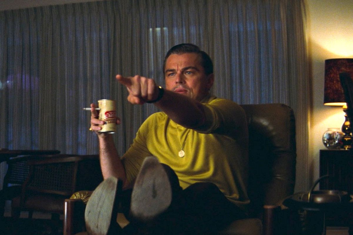 Once Upon a Time in Hollywood - Leonardo DiCaprio pointing at something off screen in an accusatory manner