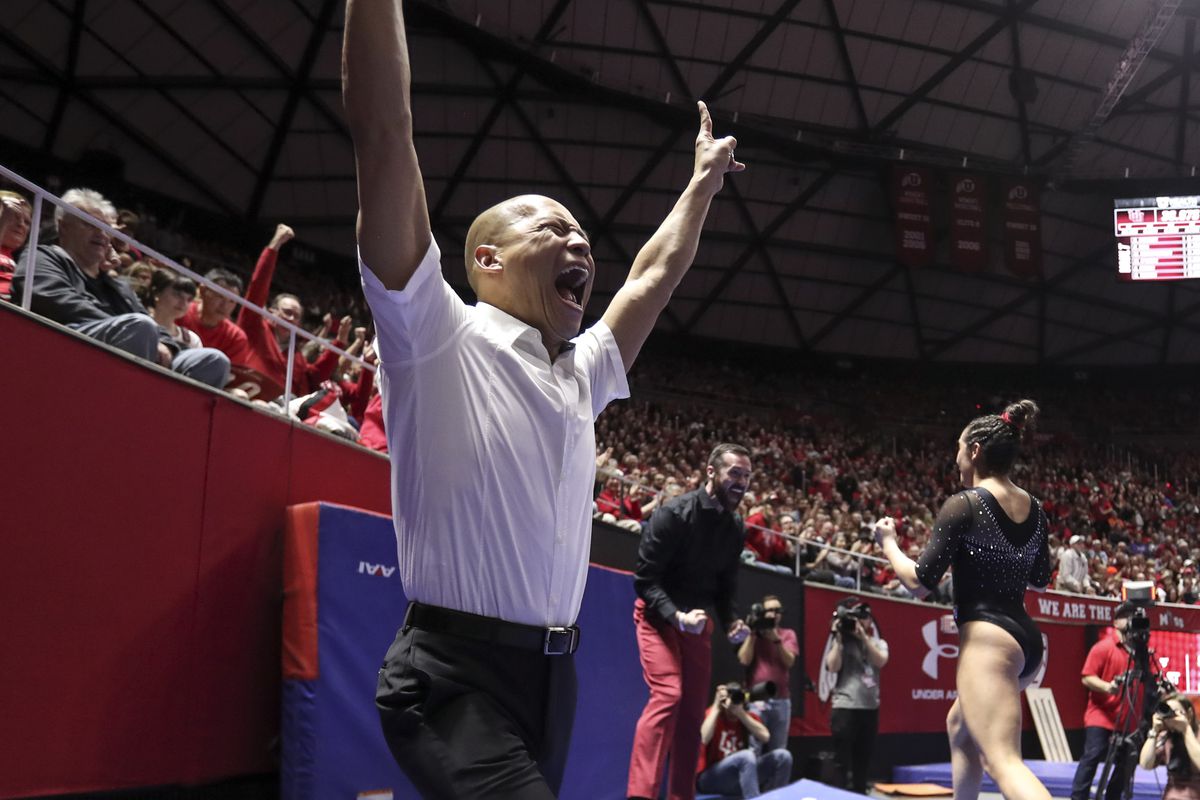 Utah heads coach Tom Farden celebrates Alexia Burch’s vault routine during the Arizona State and University of Utah gymnastics meet at the Huntsman Center in Salt Lake City on Friday, Jan. 24, 2020.