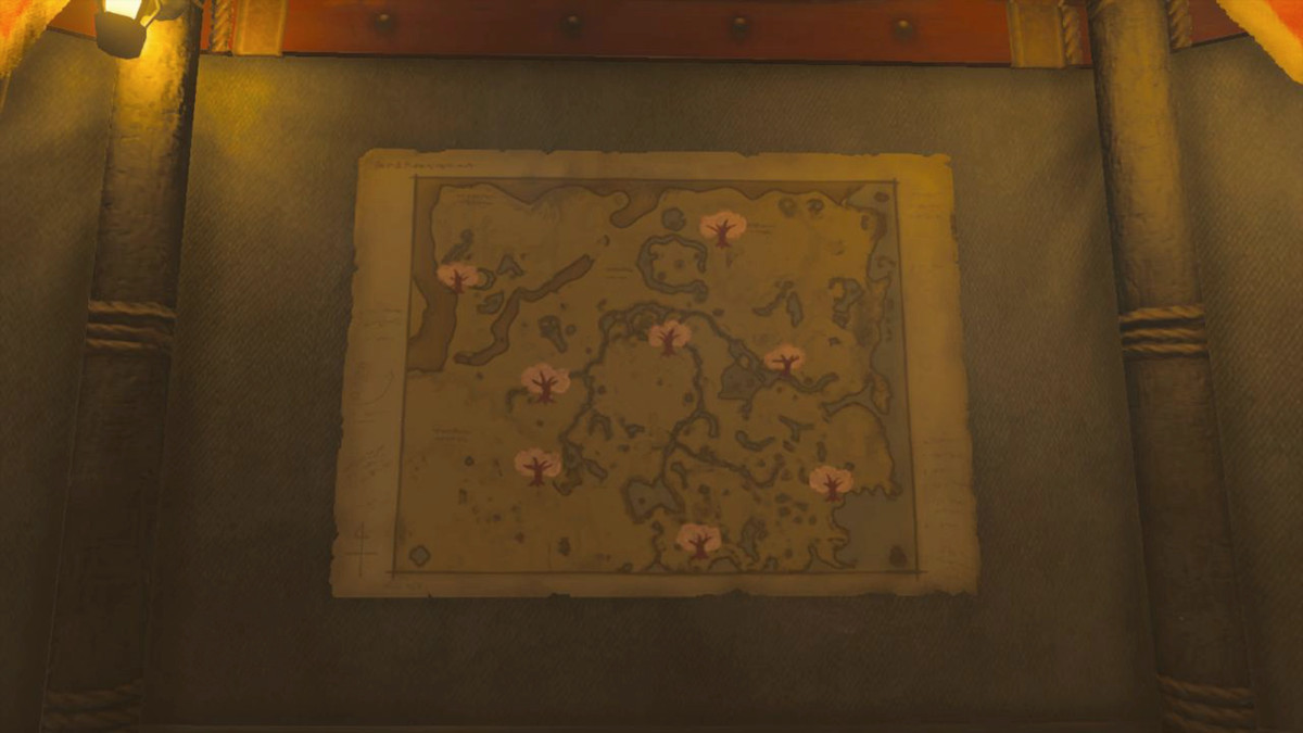 An image of a map inside the game of The Legend of Zelda: Tears of the Kingdom. It’s hanging on the wall of a stable and it shows the location for cherry blossom trees across Hyrule.