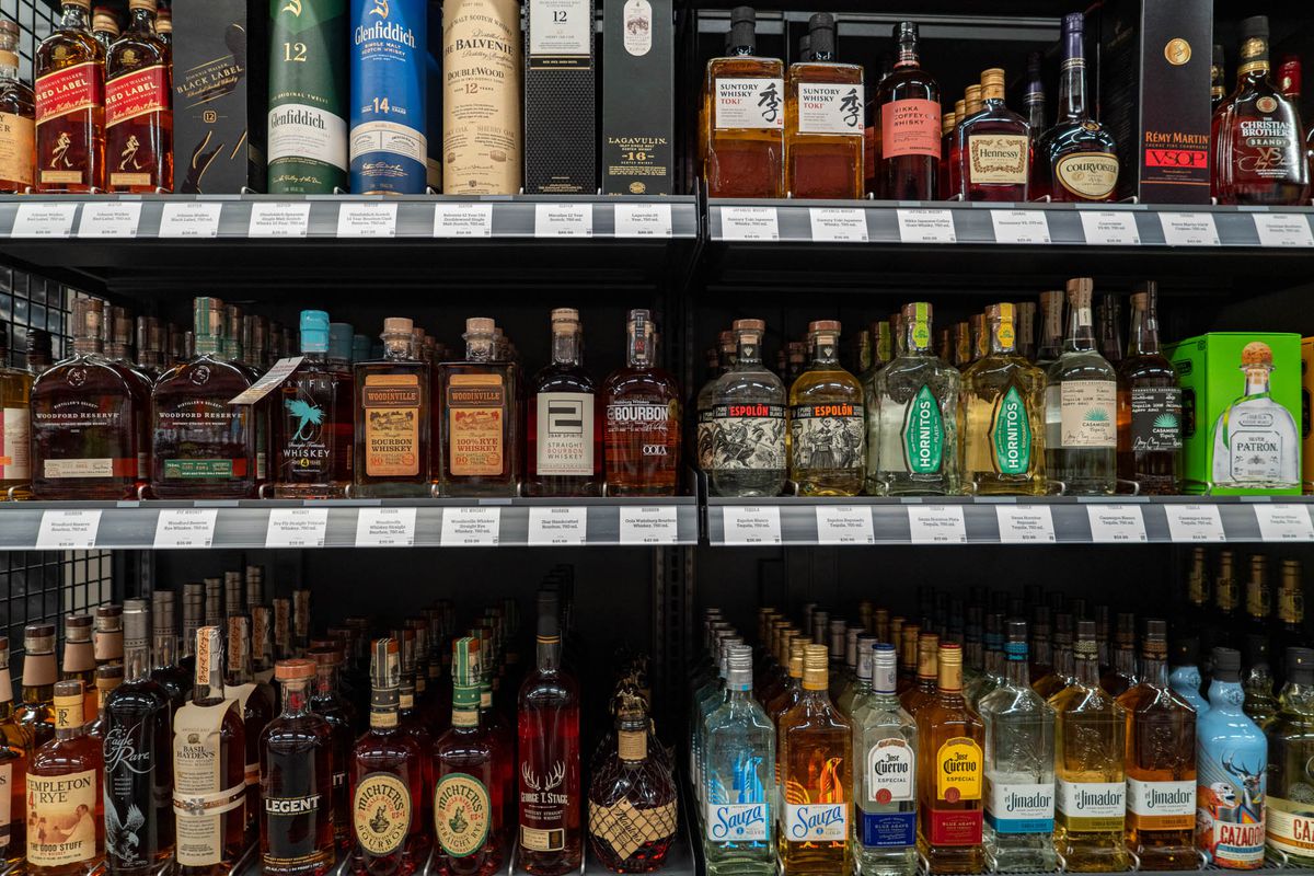 Shelves of liquor at Amazon Go Grocery