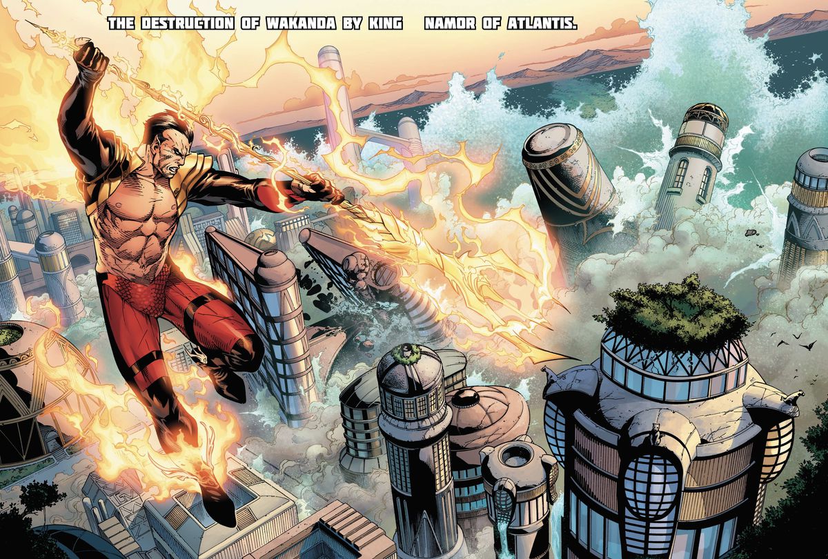 With flaming wing-feet and a huge firey trident, Namor crushes a Wakandan city under a massive wave in Avengers vs. X-Men #8 (2021).
