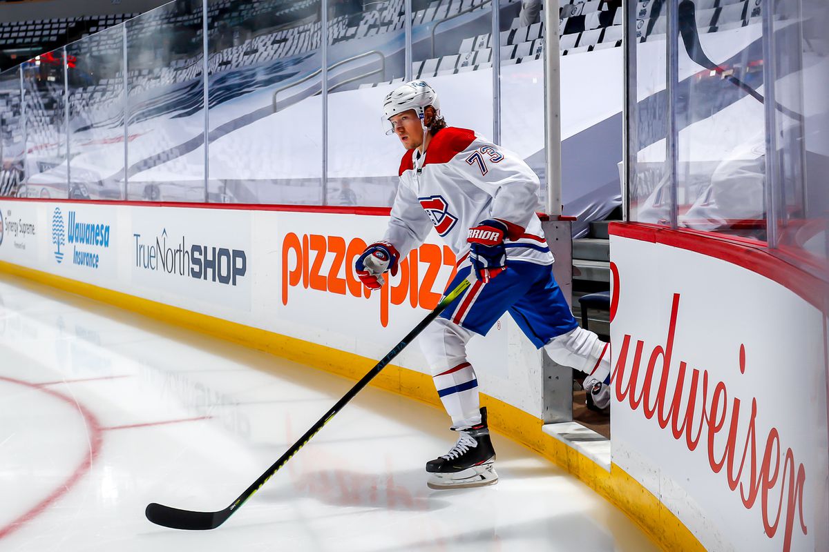 Tyler Toffoli #73 of the Montreal Canadiens hits the ice prior to puck drop against the Winnipeg Jets in Game One of the Second Round of the 2021 Stanley Cup Playoffs at the Bell MTS Place on June 2, 2021 in Winnipeg, Manitoba, Canada.