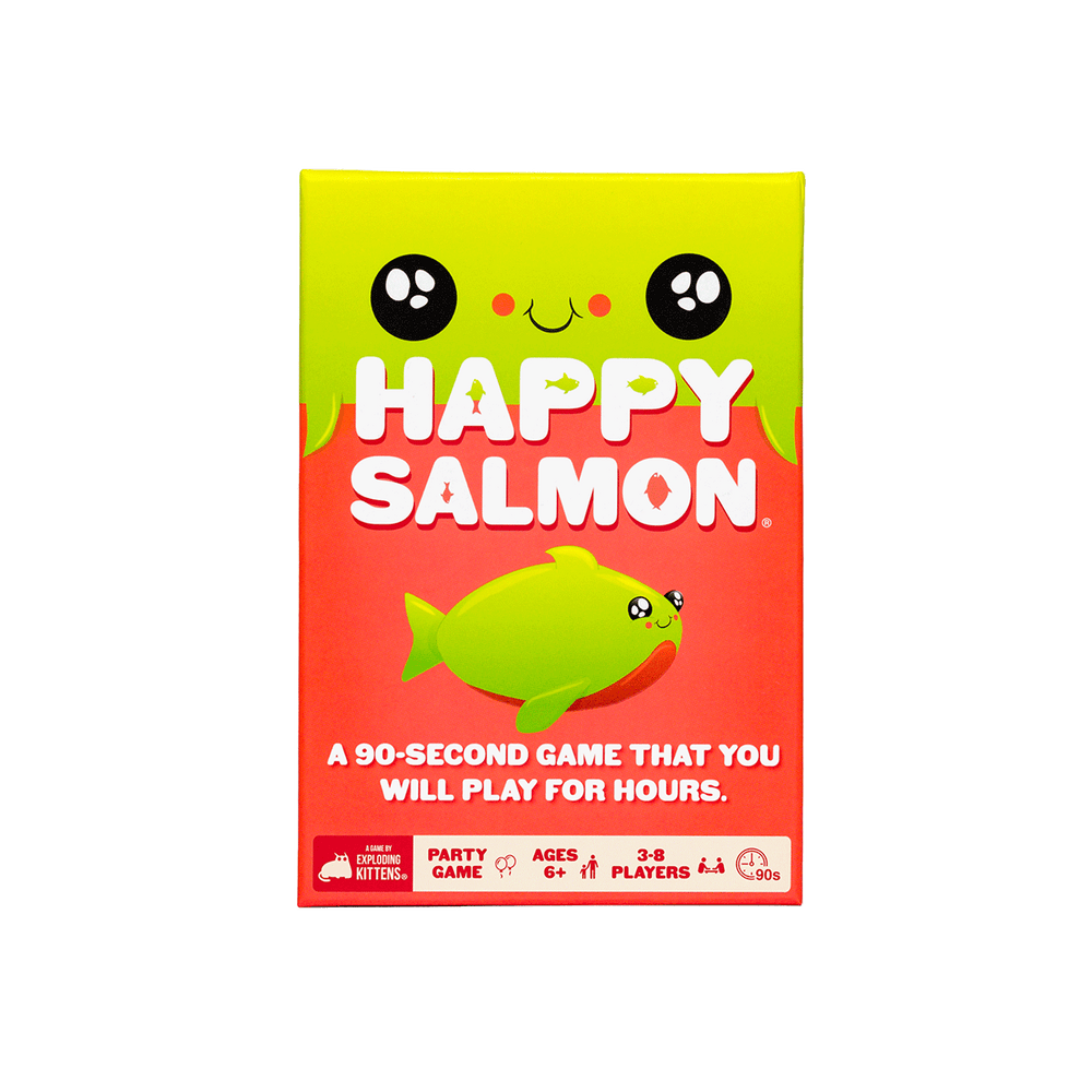 The box for Happy Salmon, which is green and red with a happy salmon on it. It says it’s “a 90-second game that you will play for hours.”