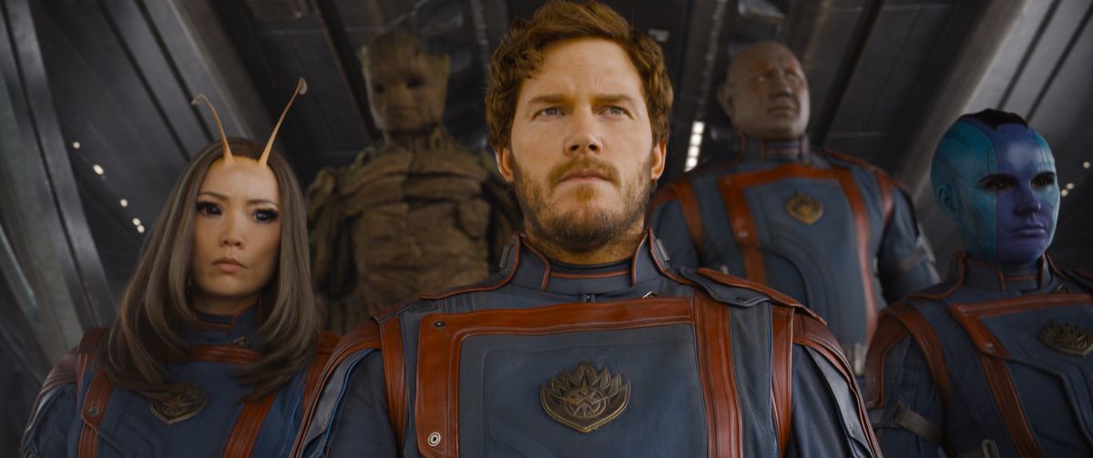 Mantis, Groot, Star-Lord, Drax, and Gamora wear their lil space suits in Guardians of the Galaxy Vol. 3