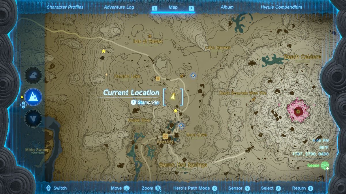 A screenshot of the map location of the YunoboCo HQ South Cave in Zelda: Tears of the Kingdom