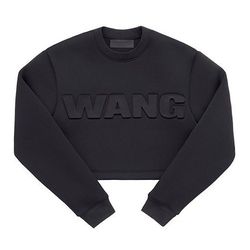 <h3>Sweatshirt, $59.95</h3>
<br>
<b>Why:</b> If you really must flaunt "Wang" boldly, this spongy, cropped sweatshirt with raised lettering has enough textural interest to sell us. Again, a cool fabrication technique we haven't seen in other collabs.