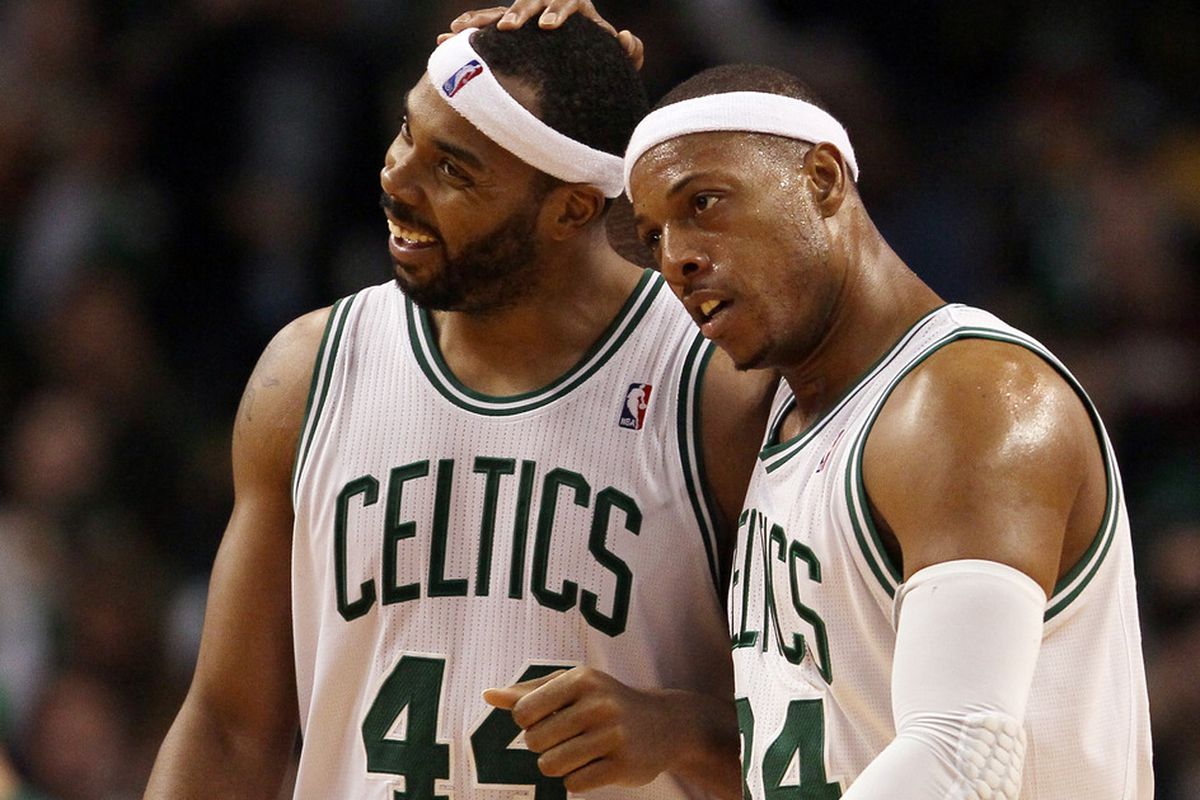 BOSTON, MA - MARCH 02:  Paul Pierce, right, and Chris Wilcox.  (Photo by Elsa/Getty Images)
