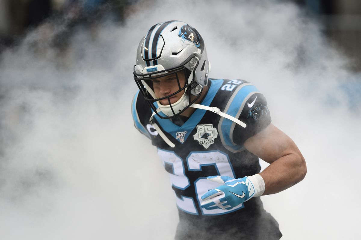 Carolina Panthers running back Christian McCaffrey is introduced before the game at Bank of America Stadium.&nbsp;