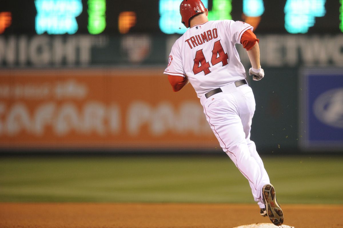 May 30, 2012; Anaheim, CA, USA; Los Angeles Angels right fielder Mark Trumbo (44) runs the bases after a two run home run against the New York Yankees during the fourth inning at Angel Stadium of Anaheim. Mandatory Credit: Kelvin Kuo-US PRESSWIRE