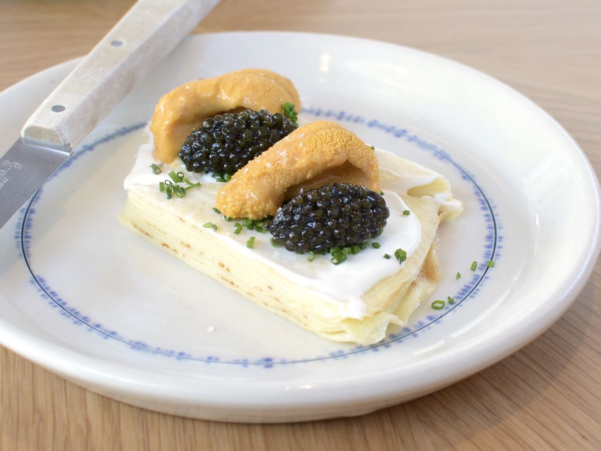 Mille crepe with Santa Barbara uni and caviar at Bell’s in Los Alamos.