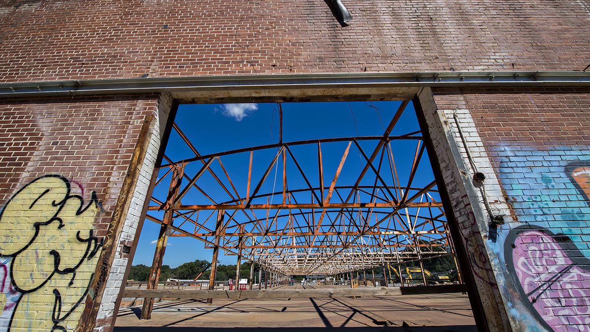 A look through the current back entrance to the main building at Pittsburgh Yards, where windows will be installed.