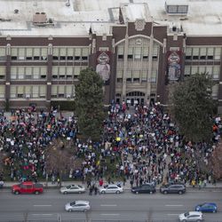 Protesters gather during the "March for Our Lives" event outside West High School in Salt Lake City on Saturday, March 24, 2018.