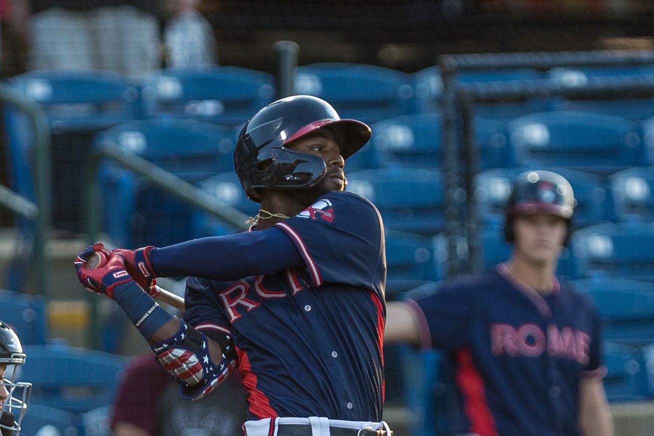 Michael Harris, Atlanta Braves prospect, takes a swing in a game for the Rome Braves