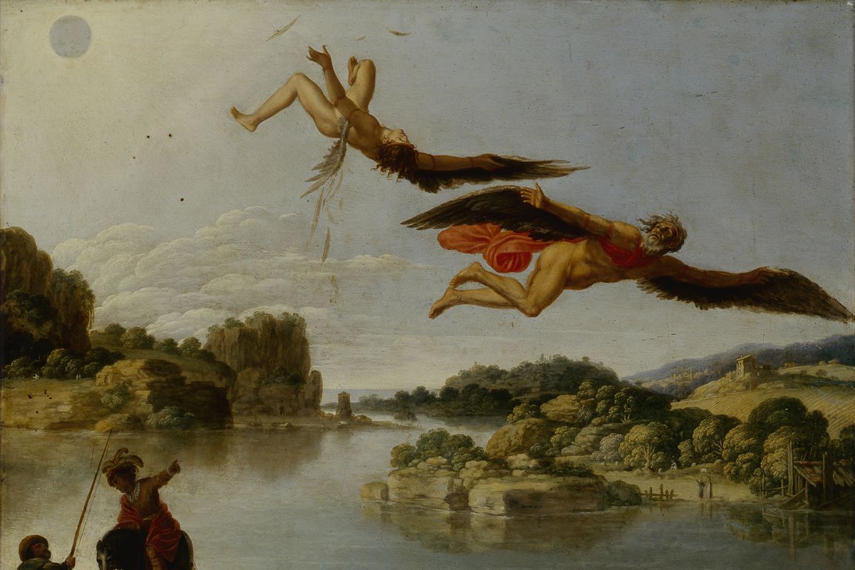 “Landscape with Fall of Icarus (Paesaggio con caduta di Icaro), by Carlo Saraceni, 1606-1607, 17th Century, oil on copper, 34 x 54 cm”