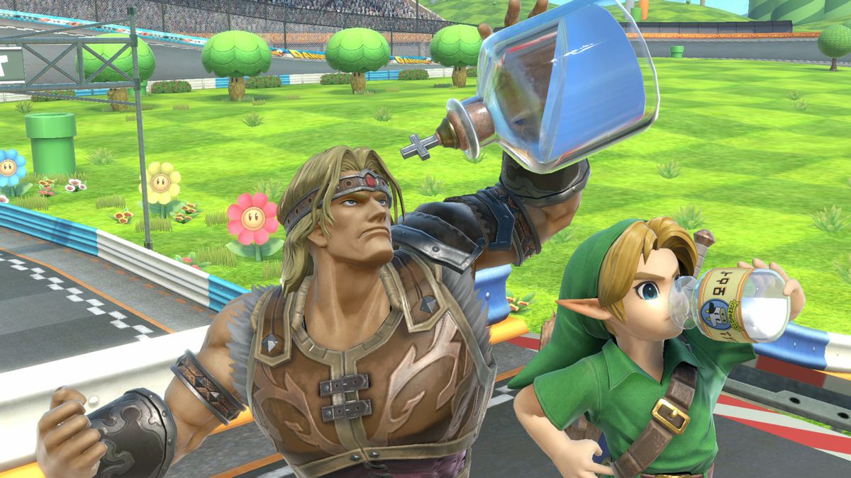 Young Link and Simon Belmont chug beverages in a screenshot of Super Smash Bros. Ultimate