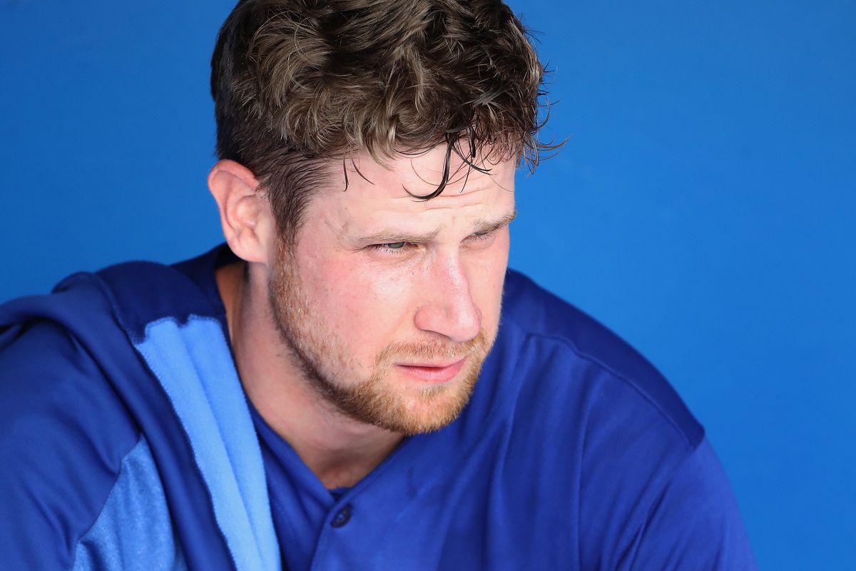 Starting pitcher Brock Stewart #48 of the Los Angeles Dodgers sits in the dugout&nbsp;