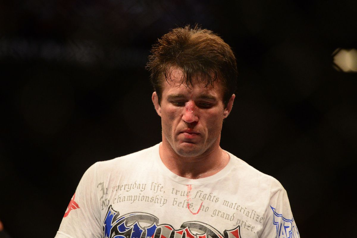 Jul. 7, 2012; Las Vegas, NV, USA; UFC fighter Chael Sonnen reacts after losing to Anderson Silva (not pictured) during a middleweight bout in UFC 148 at the MGM Grand Garden Arena. Mandatory Credit: Mark J. Rebilas-US PRESSWIRE