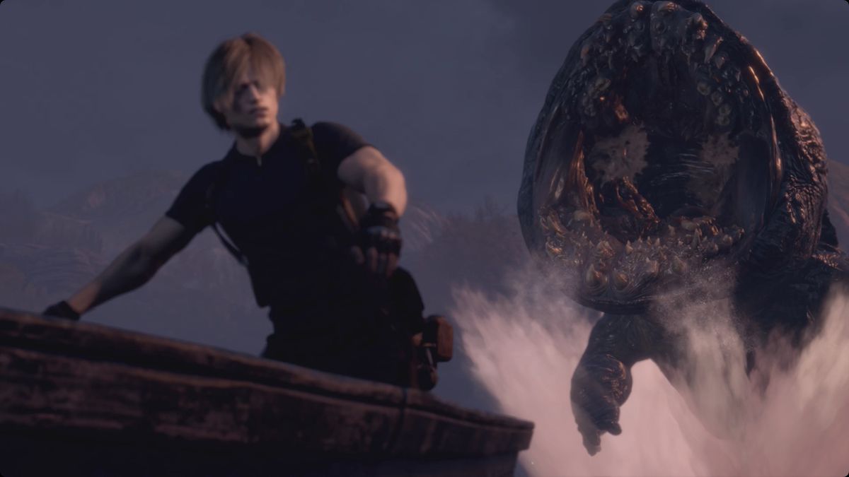 Resident Evil 4&nbsp;remake&nbsp;Leon in a boat getting attacked by the Lake Monster