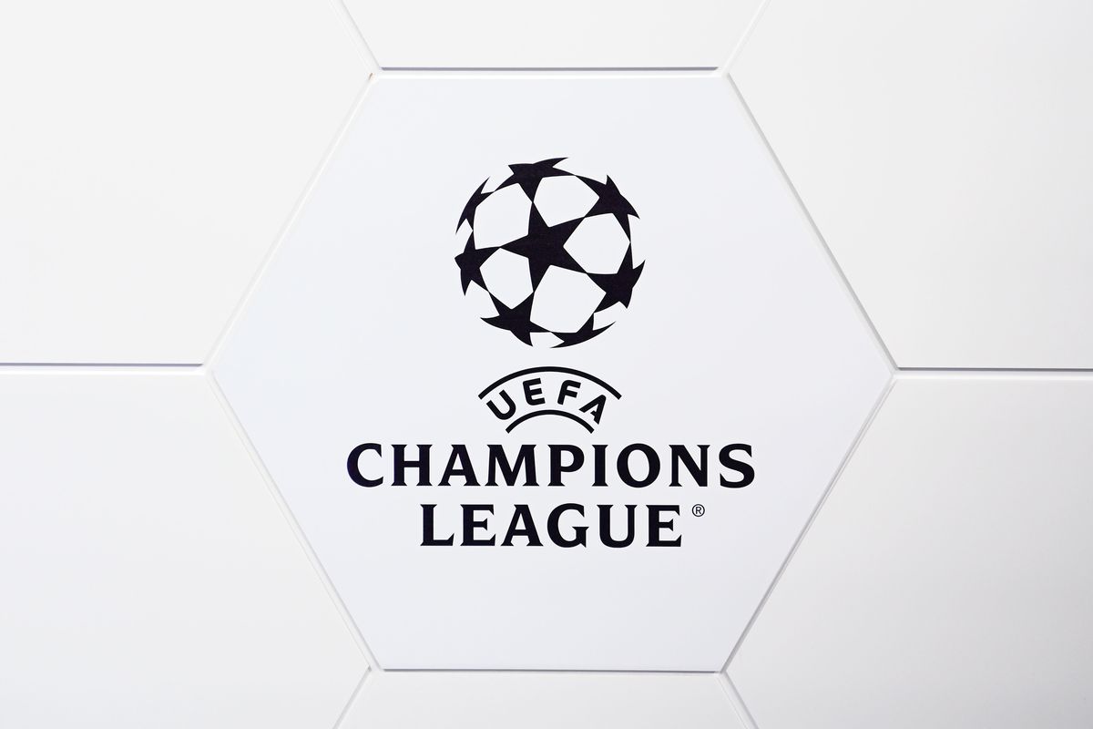 A view of the UEFA Champions League logo during the UEFA Champions League 2021/22 Round of 16 Draw at the UEFA headquarters, The House of European Football, on December 13, 2021, in Nyon, Switzerland.