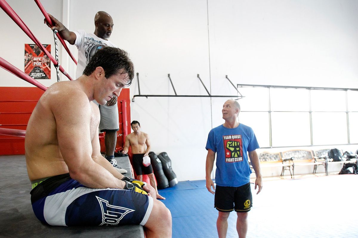 TUALATIN, OR - JUNE 26:  Chael Sonnen rests after a workout with his coaches Scott McQuary and Clayton Hires at the Team Quest gym on June 26, 2012 in Tualatin, Oregon.    (Photo by Jonathan Ferrey/Getty Images)
