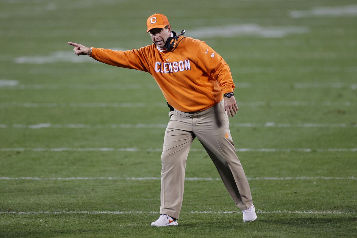 Head coach Dabo Swinney of the Clemson Tigers reacts in the second half against the Notre Dame Fighting Irish during the ACC Championship game at Bank of America Stadium on December 19, 2020 in Charlotte, North Carolina.