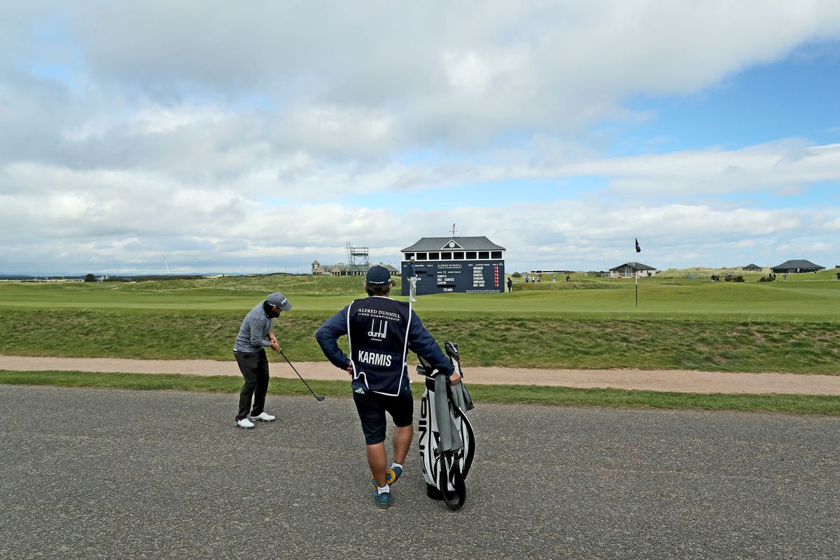 Peter Karmis of South Africa plays his third shot off the road on the 17th hole during the first round of the 2018 Alfred Dunhill Links Championship on The Old Course at St Andrews on October 4, 2018 in St Andrews, Scotland.