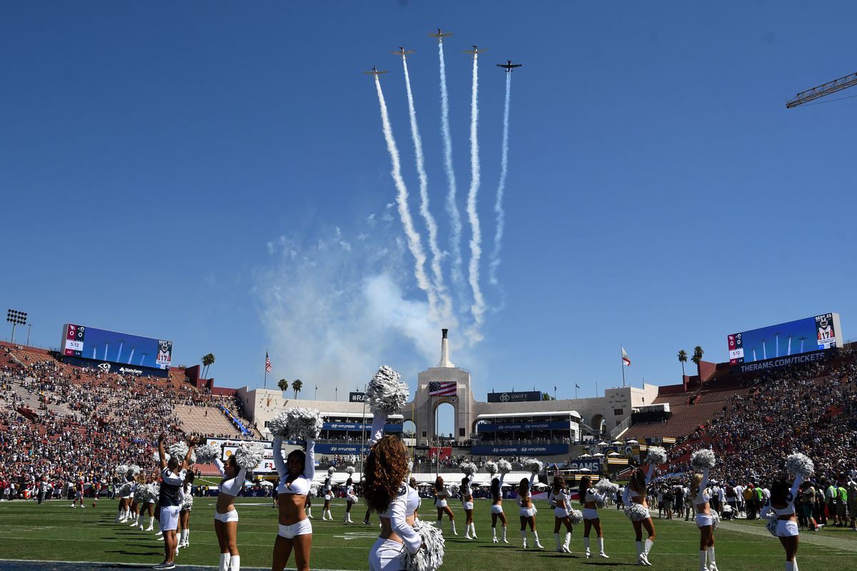 Los Angeles Rams cheerleaders perform during a flyover prior to kickoff in Week 2 against the Arizona Cardinals, Sep. 16, 2018.