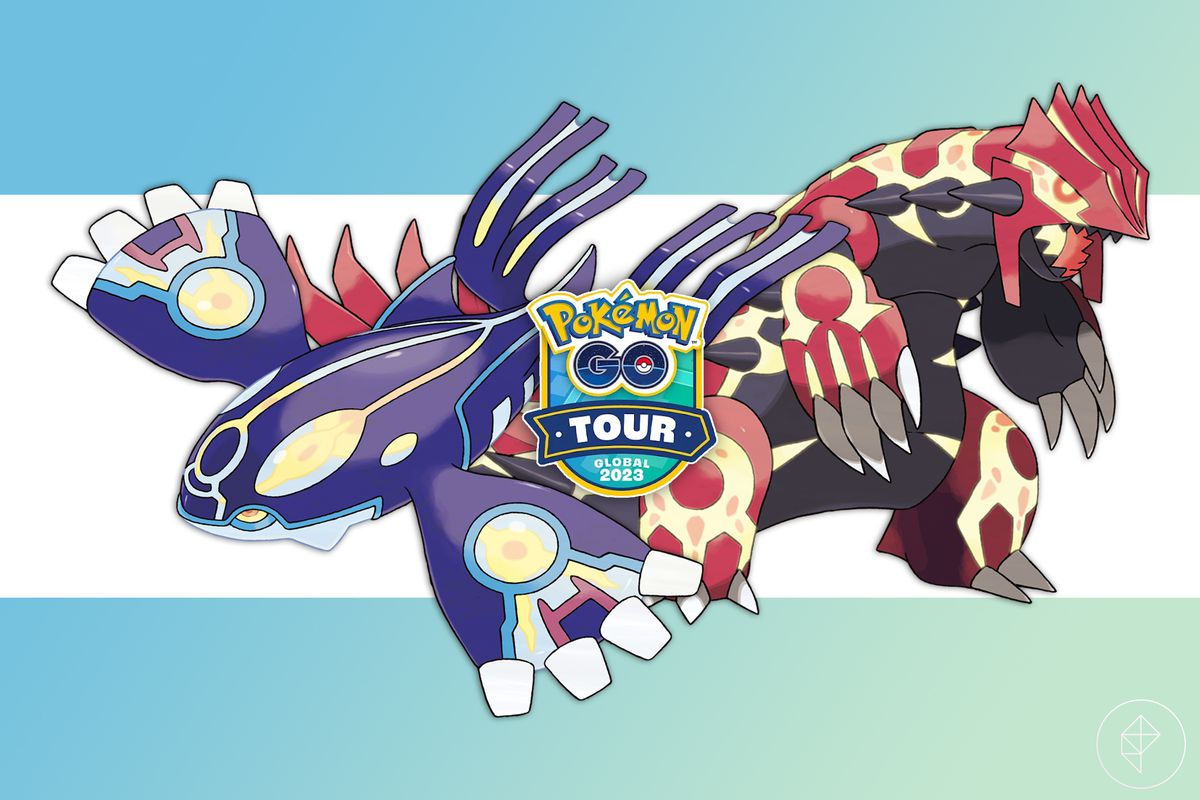 Primal Kyogre and Groudon behind the logo for the Go Hoenn: Tour for Pokémon Go