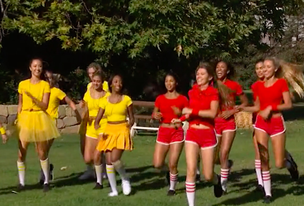 Groups of Bachelor contestants in yellow and red outfits