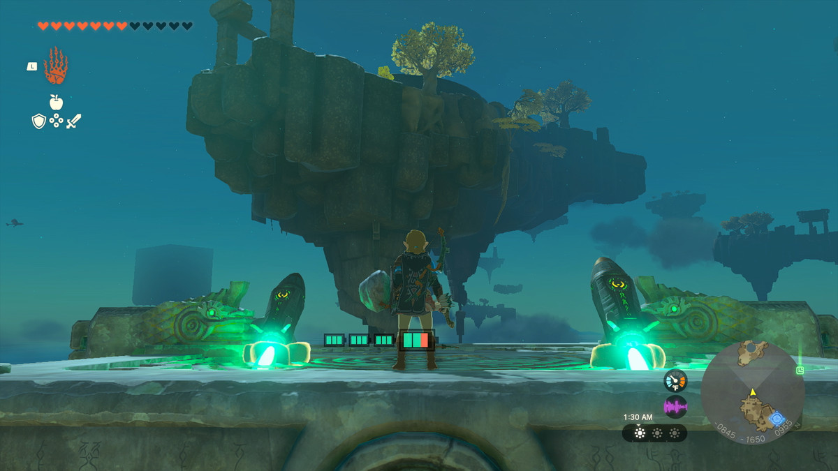 Link rides a makeshift barge, which has Zonai rockets attached to either side, to reach a sky island high above him in The Legend of Zelda: Tears of the Kingdom