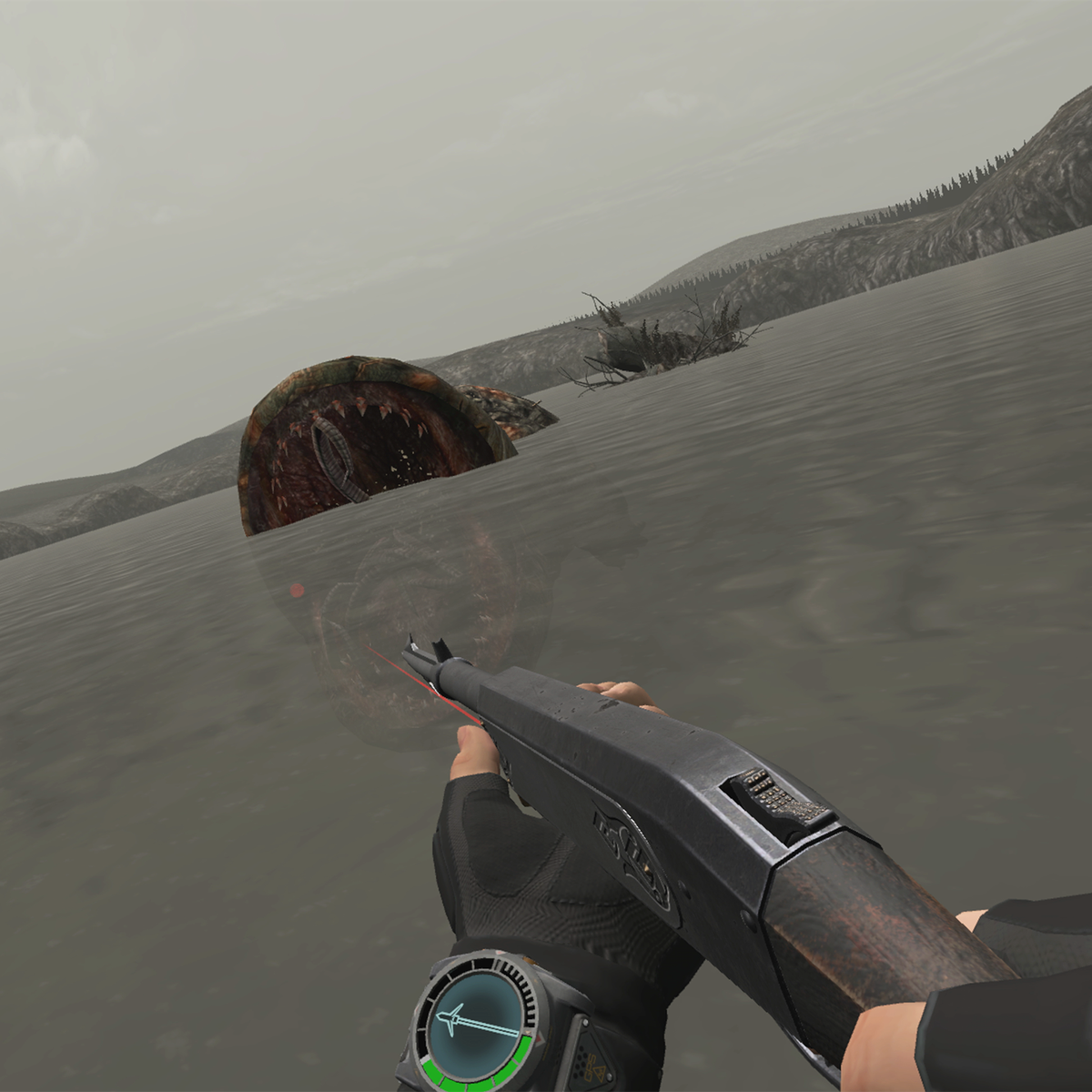 Captura de tela da luta contra o chefe Del Lago de Resident Evil 4 em VR