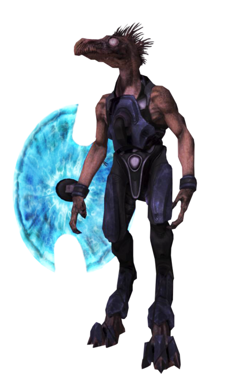 A jackal, a bipedal lizard alien from the halo, standing on a glowing blue shield