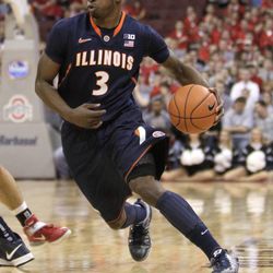 Illinois' Brandon Paul plays against Ohio State during an NCAA college basketball game Sunday, March 10, 2013, in Columbus, Ohio.