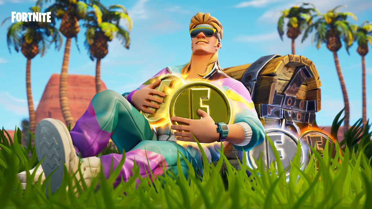 Fortnite - guy lying in field with coins and treasure chest