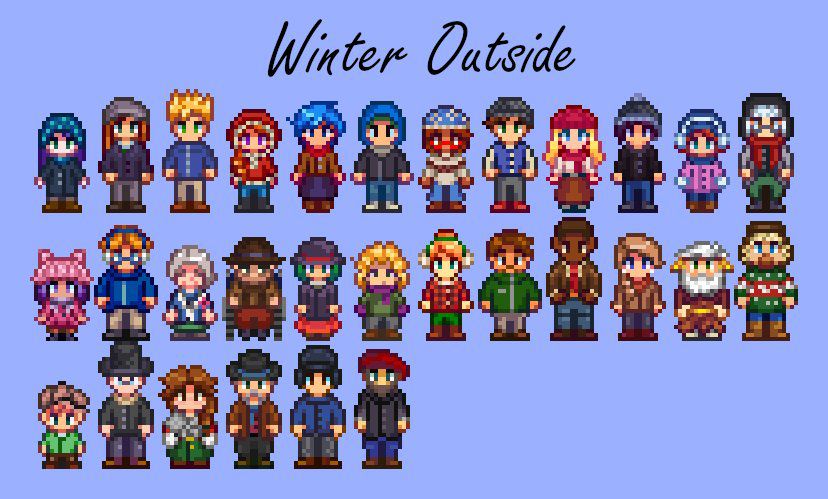 Villager sprites from Stardew Valley wearing different outfits, thanks to the Seasonal Outfits mod.