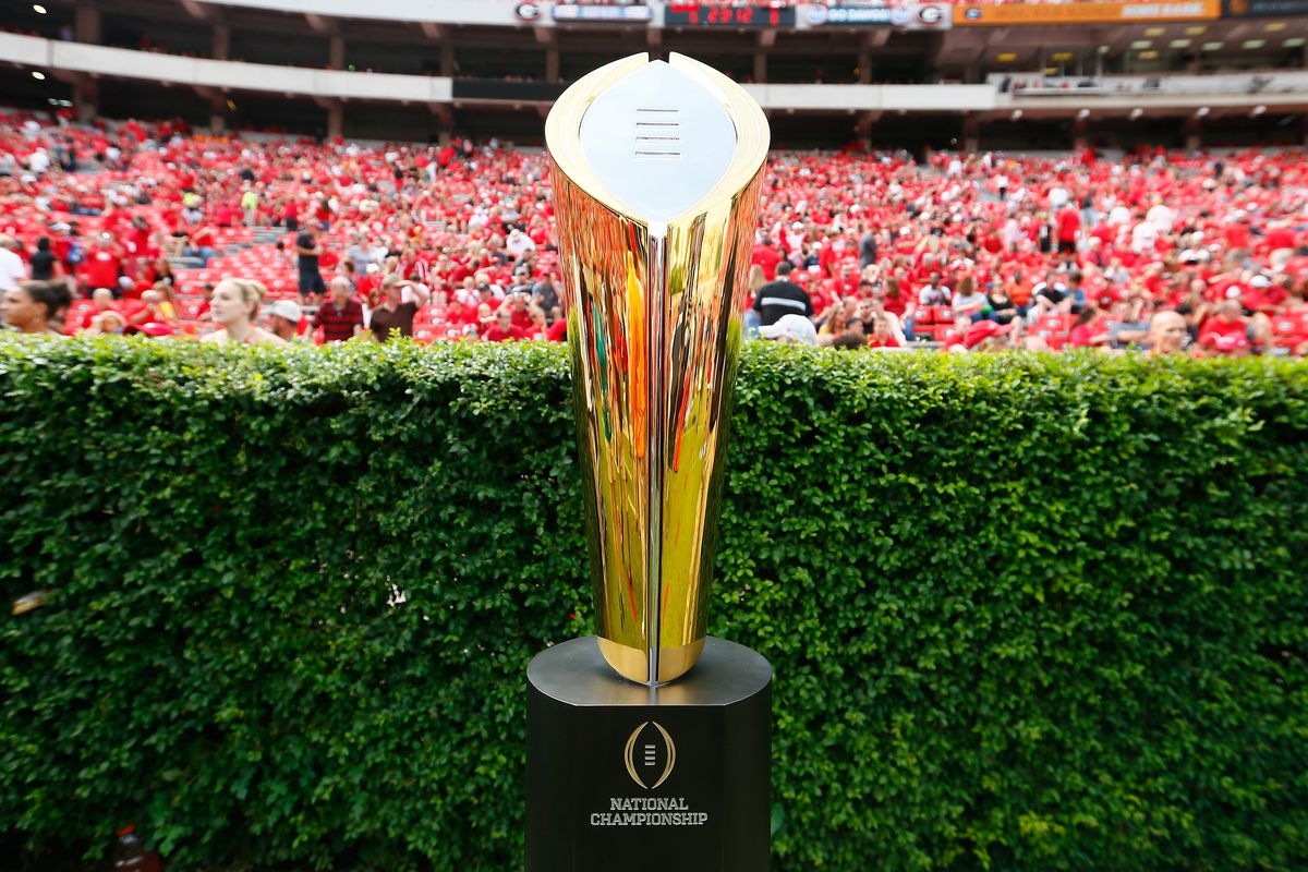 The College Football Playoff National Championship Trophy is seen on the field prior to the game between the Georgia Bulldogs and the Tennessee Volunteers at Sanford Stadium on September 27, 2014 in Athens, Georgia.