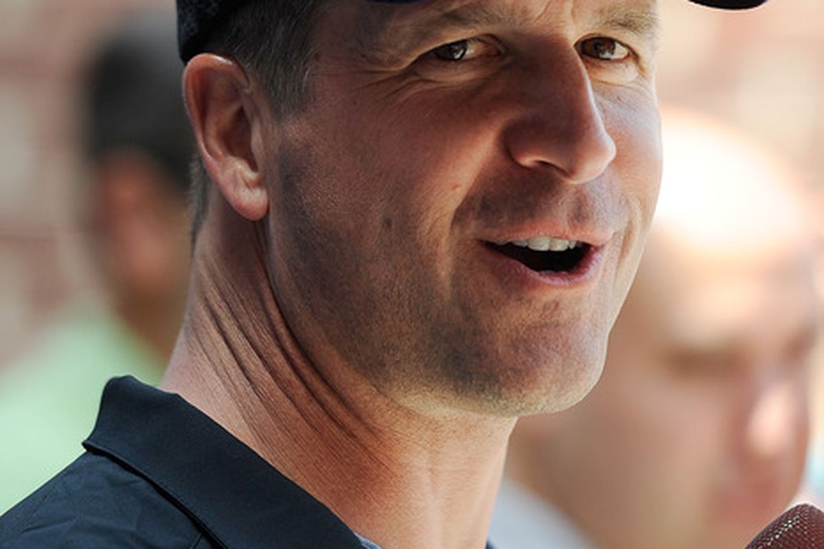 OWINGS MILLS, MD - MAY 13:  Head coach John Harbaugh of the Baltimore Ravens speaks to members of the media after a practice during the Baltimore Ravens minicamp on May 13, 2012 in Owings Mills, Maryland.  (Photo by Patrick McDermott/Getty Images)