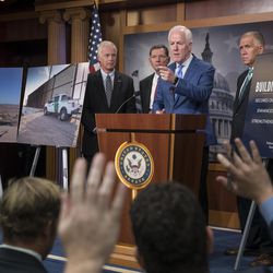 Senate Majority Whip John Cornyn of Texas, joined by, from left, Senate Homeland Security and Governmental Affairs Chairman Sen. Ron Johnson, R-Wis., Sen. John Barrasso, R-Wyo., and Sen. Thom Tillis, R-N.C., speaks to reporters at a news conference on border security, Thursday, Aug. 3, 2017, on Capitol Hill Washington. 