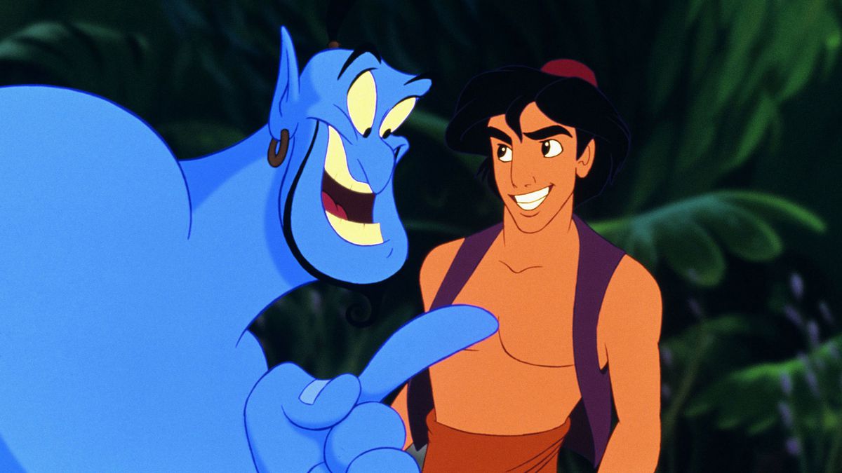 The animated Aladdin grins mischievously at his big blue friend Genie as Genie smiles and pokes him in the chest in Disney’s Aladdin