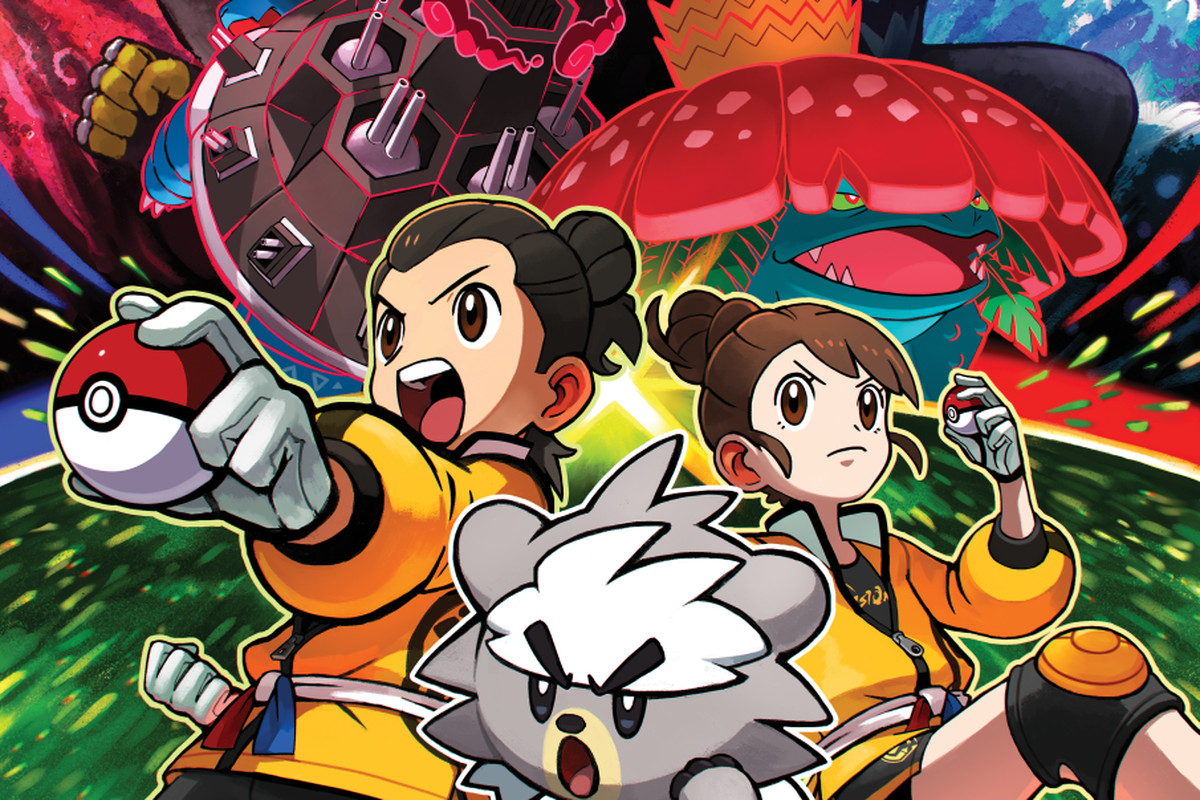 Two Pokémon trainers in dojo uniforms pose while large Urshifu pose behind them for the Isle of Armor Pokémon expansion
