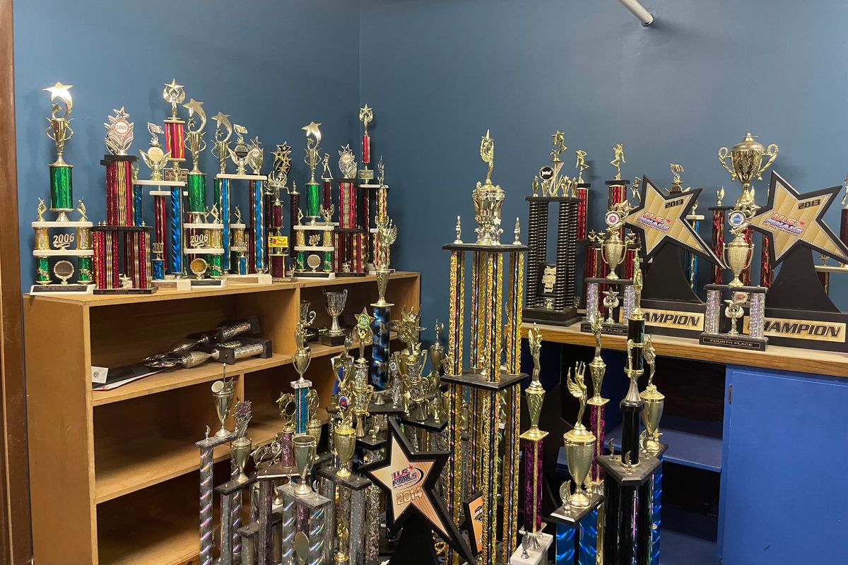 A portion of the trophies at Huron Physical Arts Center which houses 24 years worth of dance competition trophies