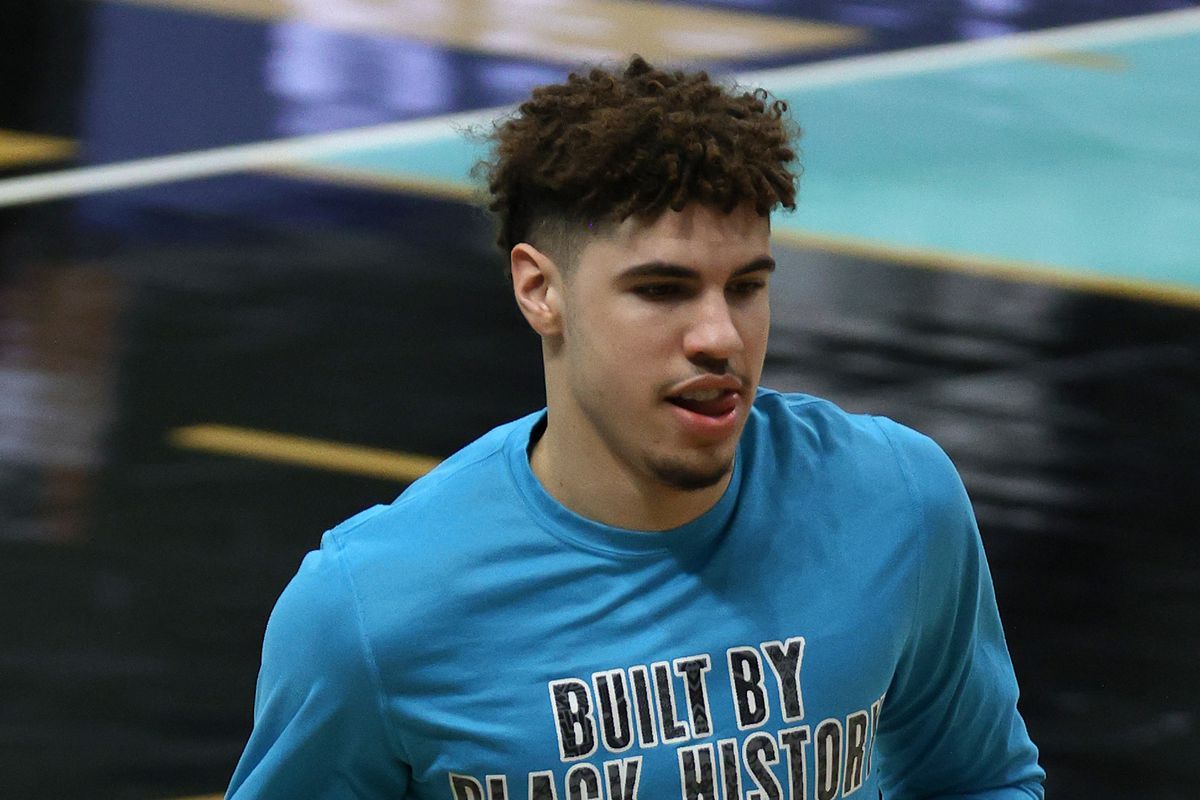 LaMelo Ball of the Charlotte Hornets warms up prior to their game against the Golden State Warriors at Spectrum Center on February 20, 2021 in Charlotte, North Carolina.